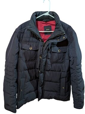 Boss Men's Dark Navy Quilted Puffer Jacket with Red Lining